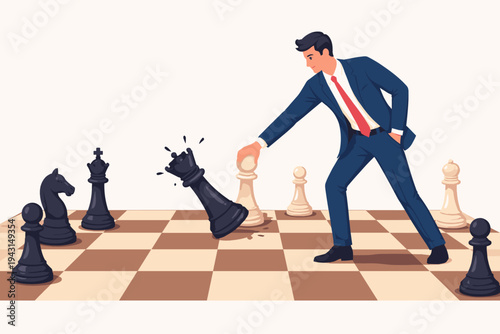 Strategic Businessman in Suit Making a Chess Move with a White Pawn to Topple a Black Queen on a Chessboard, Concept of Business Strategy, Competition, Tactical Planning, and Winning Success.
