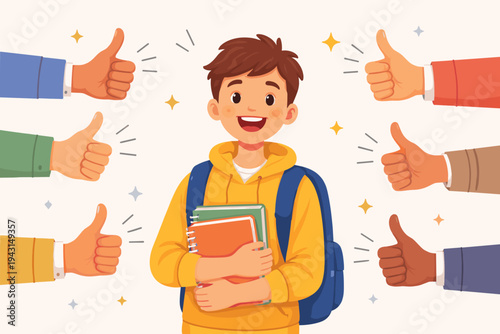Happy school boy student in yellow hoodie with backpack holding books, surrounded by hands giving thumbs up. Flat vector illustration of positive reinforcement, academic success, and encouragement.