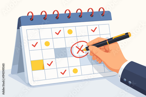 Vector Illustration of a Businessman Hand with a Pen Marking an Important Day on a Desk Calendar with a Red Circle and Cross for Planning, Scheduling, Deadlines, and Time Management Concept.