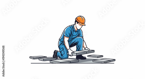 Construction worker placing tiles on ground
