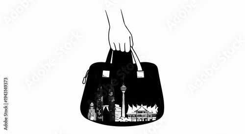 Hand holding a black bag featuring a city skyline illustration