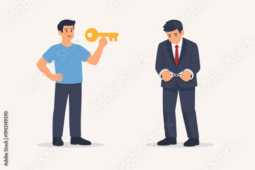 Vector Illustration of a Man Holding a Large Golden Key to Free a Sad Businessman in Handcuffs, Concept of Solution, Legal Help, Release from Prison, White Collar Crime, and New Opportunity