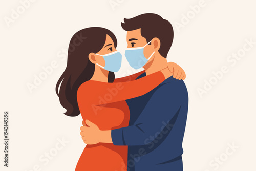 Vector illustration of a loving young couple wearing protective face masks while hugging and looking into each other's eyes, representing love and safety during a pandemic or health crisis.