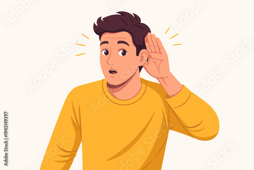 Vector illustration of a curious young man in a yellow shirt cupping his hand to his ear to listen carefully or eavesdrop featuring a surprised facial expression and simple flat design style.