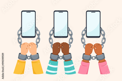 Children's Hands in Handcuffs Chained to Smartphones, Vector Illustration Representing Digital Addiction, Social Media Dependence, Technology Slavery, and Impact of Mobile Devices on Kids.