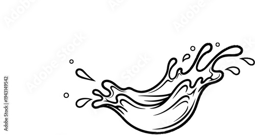 Dynamic black and white illustration of a splashing liquid with droplets