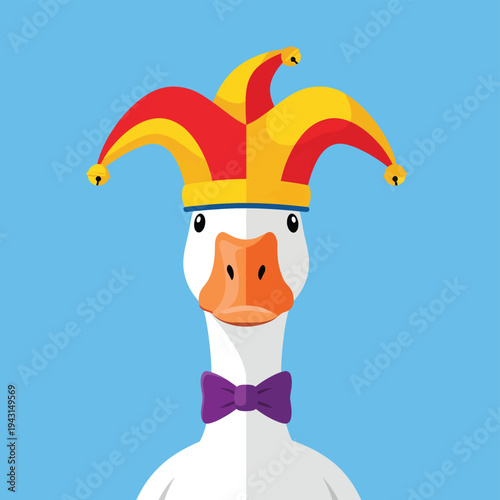 White goose wearing colorful jester hat with bells and purple bow tie on blue background for april fools day humor and funny animal character concept