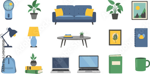 Collection of decorative items for home or office, including furniture and study tools