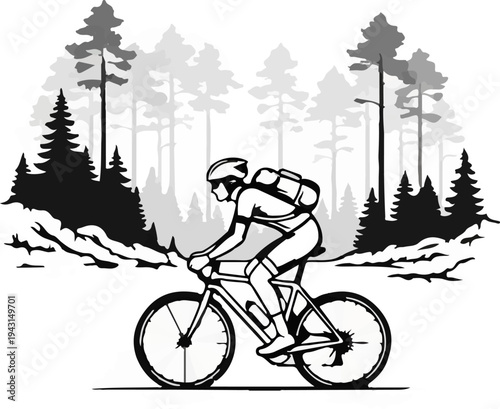 Cyclist with backpack rides through a forest with pine trees