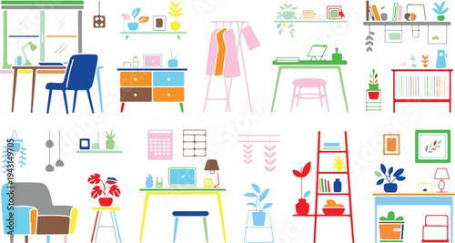 Colorful flat design objects for home and office spaces with furniture and plants