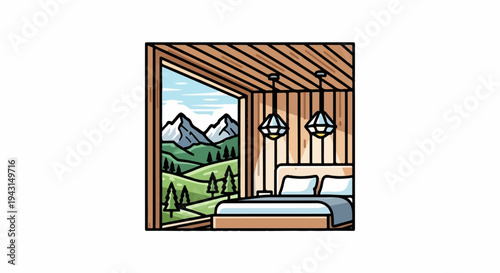 Cozy room with large window viewing mountains and green hills