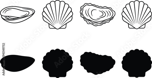 Vector icon set featuring line art and black silhouettes of various seashells including scallop shells, oyster shells, and clam shells for design.