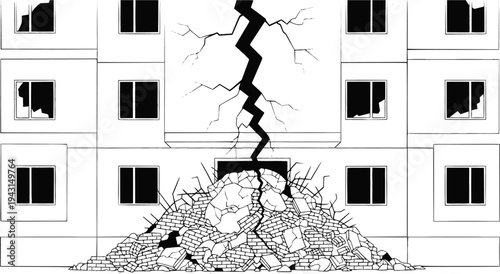 Damaged Building with Large Crack and Debris Pile
