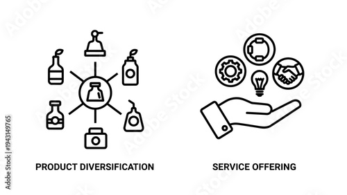 Product diversification and service offering business concepts icons