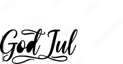 Elegant script text "God Jul" in black on a white background