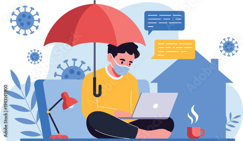 Remote work during coronavirus pandemic, man wearing mask working from home with laptop, quarantine lifestyle vector illustration