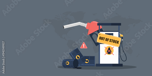 Gas station pump with out of stock sign and spilled oil barrels on world map background, global fuel shortage and energy crisis.