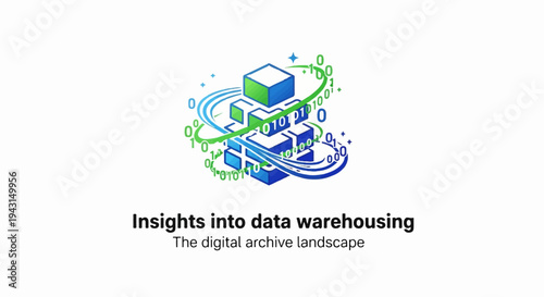 Abstract data blocks with binary code orbiting and text below