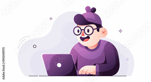 Cheerful person with glasses and cap working on a laptop