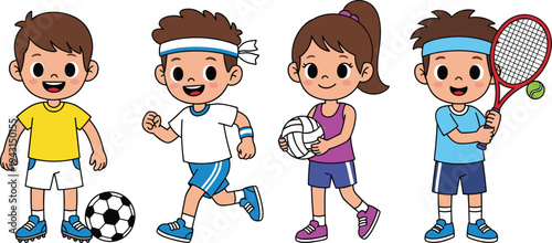 Cartoon kids playing different sports including soccer, running, volleyball and tennis, cute children athletes characters illustration isolated on white background