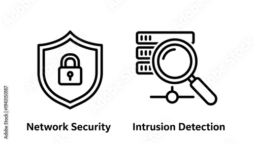 Network security shield with lock and intrusion detection server icons