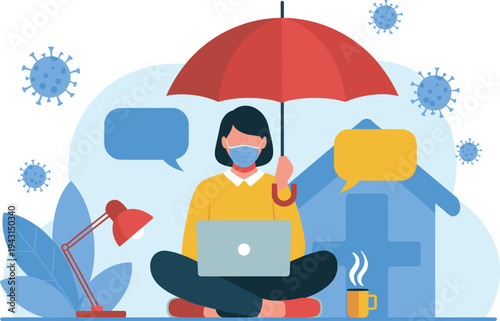 Remote work during coronavirus pandemic, woman wearing mask working from home with laptop, quarantine lifestyle vector illustration