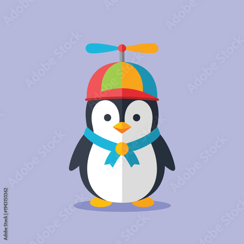 Cute cartoon penguin wearing a colorful propeller hat and a blue bow tie, ready for a playful adventure
