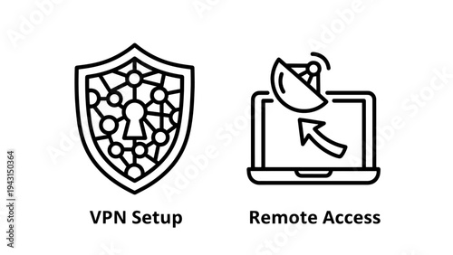 Vector icons illustrating vpn setup with a shield and network, and remote access with a laptop and satellite