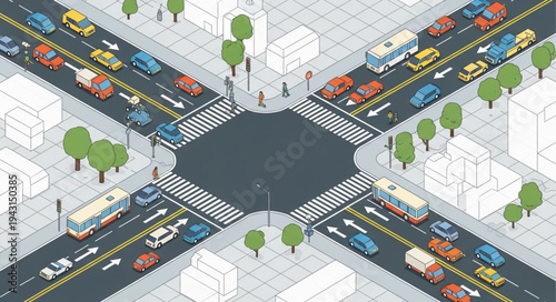 Isometric City Intersection with Cars and Pedestrians.