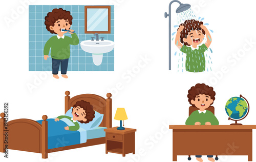 Child daily routine cartoon illustration set showing brushing teeth, taking shower, sleeping in bed and studying at desk, healthy habits concept isolated