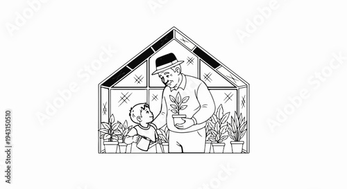 An older man and a young boy tending plants inside a greenhouse