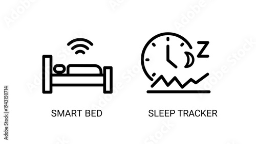 Smart bed with wifi signai and sleep tracker clock icon set