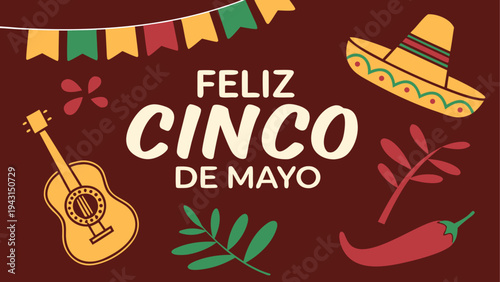 Colorful cinco de mayo celebration banner with musical instruments