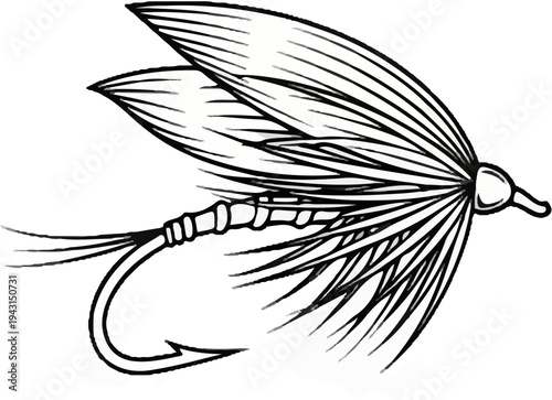 Black and white illustration of a fishing fly with feathered wings and a curved hook