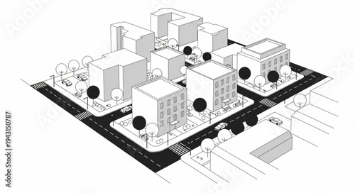 Urban Planning Sketch - Buildings, Roads, and Green Spaces.
