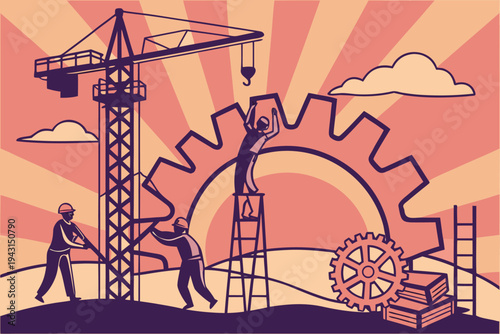 Vintage oil painting illustration of a silhouette of a woman in a dress walking past a city tower and factory construction at night