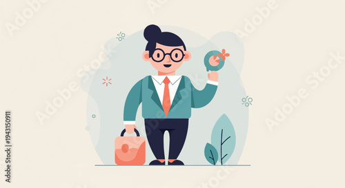 Animated person in business attire holds magnifying glass