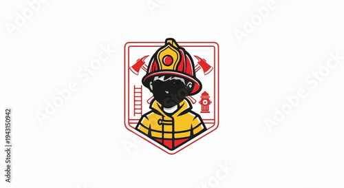 Cartoon emblem of a firefighter in protective gear with axes