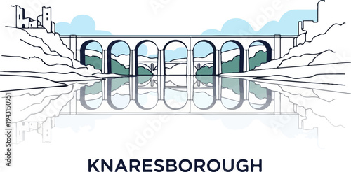 Arched viaduct and ruins reflected in calm water under cloudy sky