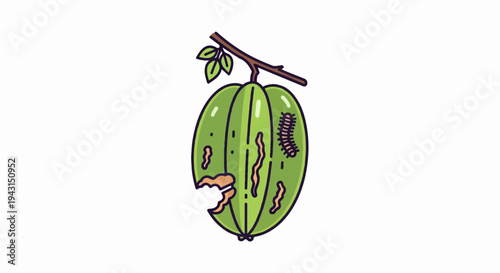 Green fruit on a branch with a caterpillar eating it