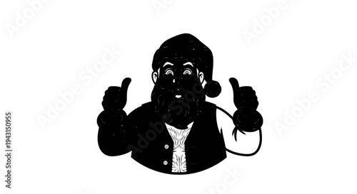 Cheerful black and white depiction of Santa giving two thumbs up