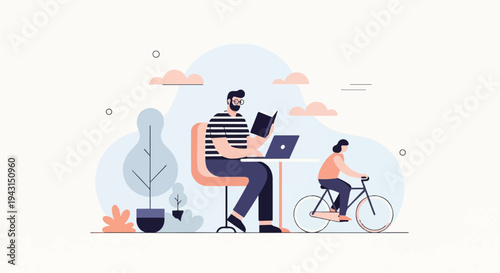 Man reads at table, woman cycles past in a pastel landscape