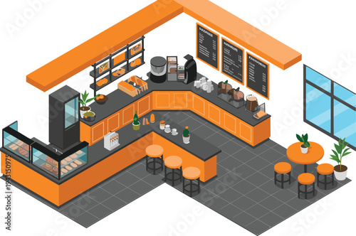 Isometric coffee shop interior, modern cafe counter with bakery display menu boards bar stools and seating illustration