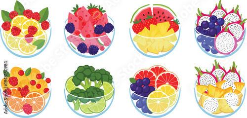 Fresh Fruit Salad Bowls Set with Watermelon Pineapple Citrus Berries and Dragon Fruit Healthy Food Vector Illustration