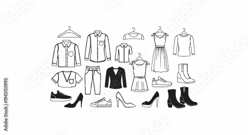 Assortment of sketched apparel and footwear, black and white outline drawings