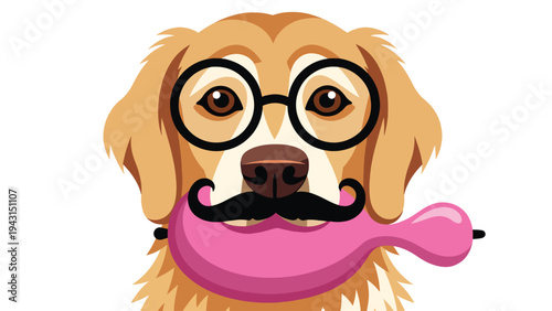 Funny golden retriever dog wearing glasses and mustache holding pink balloon in mouth whimsical animal portrait vector