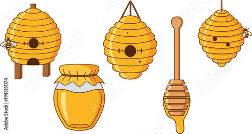 Honey Jar Beehive and Honey Dipper Collection Beekeeping Vector Illustration Set