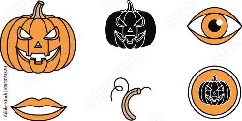 Halloween Pumpkin Jack O Lantern Spooky Eye Lips and Worm Icon Collection Holiday Vector Illustration Set