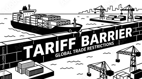 Container Ship Navigates Through Tariff Barrier Representing Global Trade Restrictions
