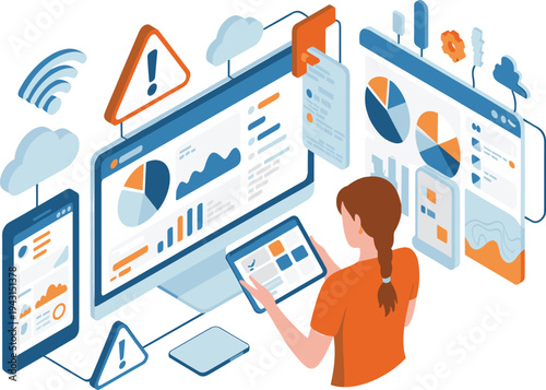 Isometric data analytics dashboard, cloud computing technology, business intelligence monitoring, cybersecurity alerts, digital data management illustration concept